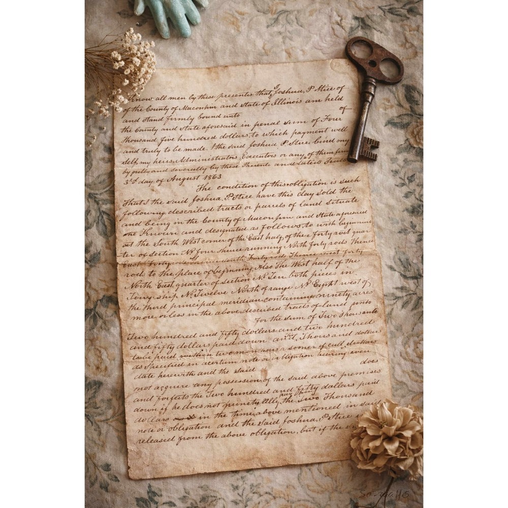 1863 Handwritten Land Deed Bond Macoupin Co Illinois Civil War Antique Document